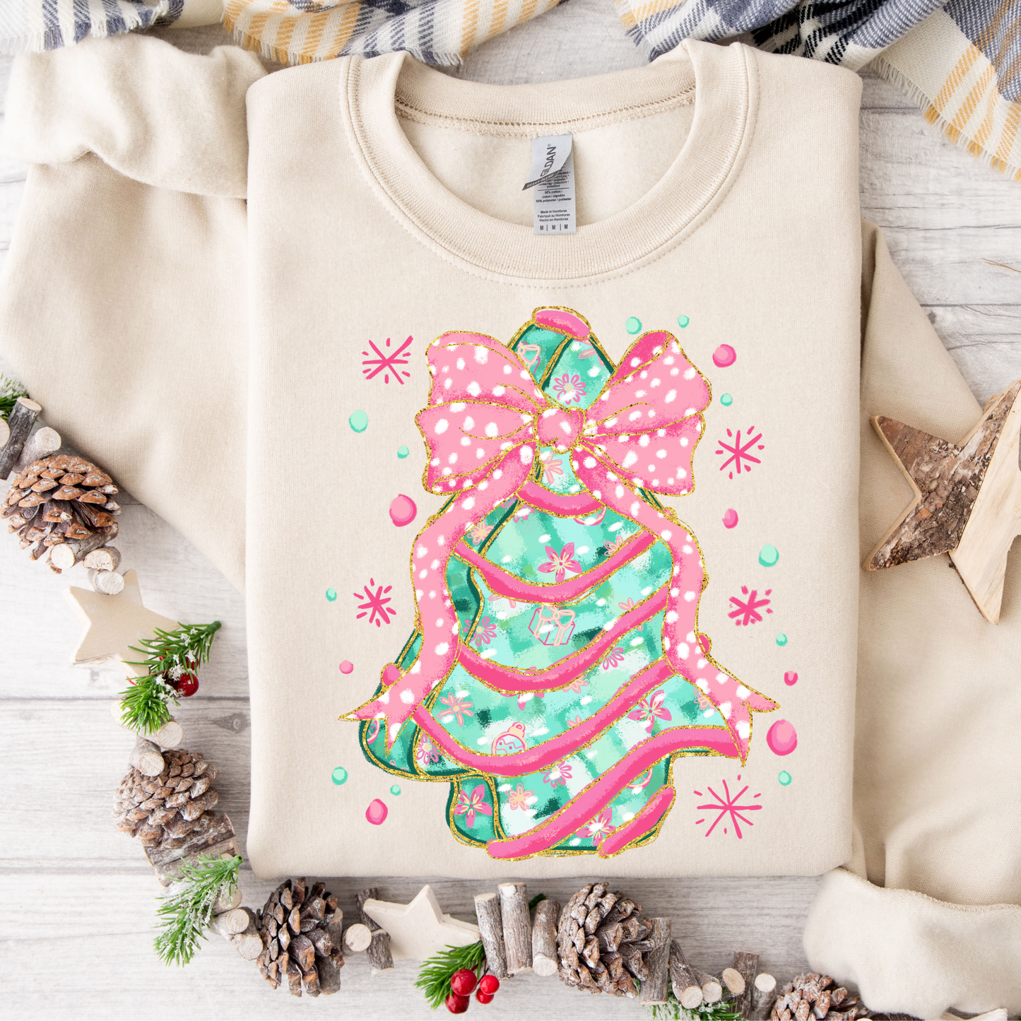 Christmas Tree Cake Bow Glitter Sweatshirt