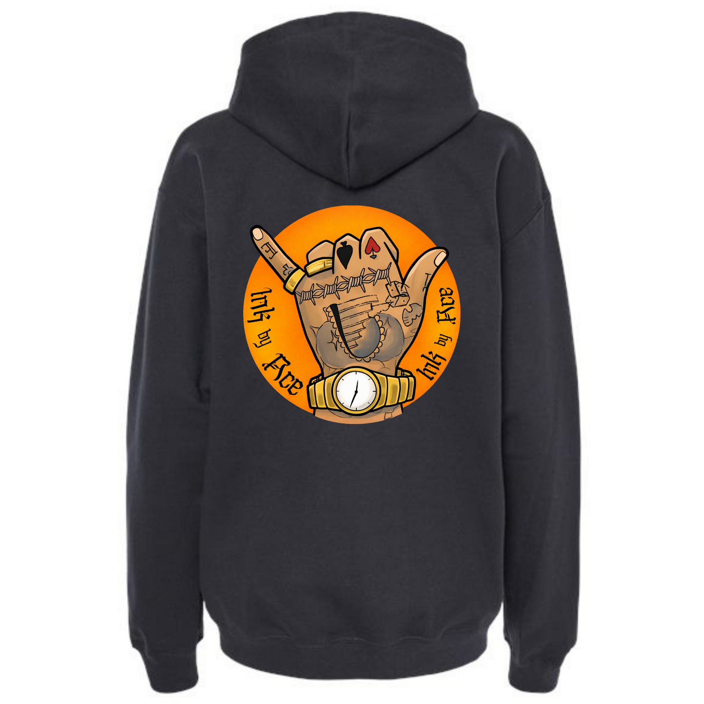 Tatted Hand Inked By Ace Orange Graphic Hoodie Black