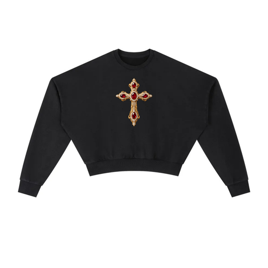 Vintage Washed Cropped Sweatshirt Ornate Cross