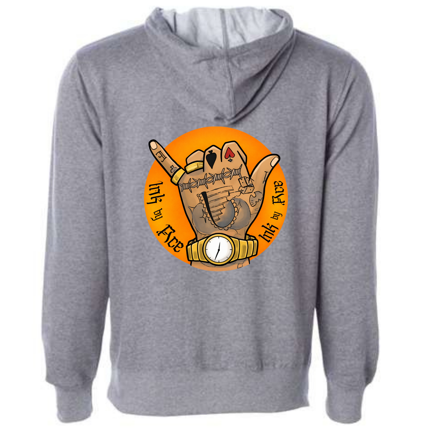 Tatted Hand Inked By Ace Orange Graphic Hoodie Grey