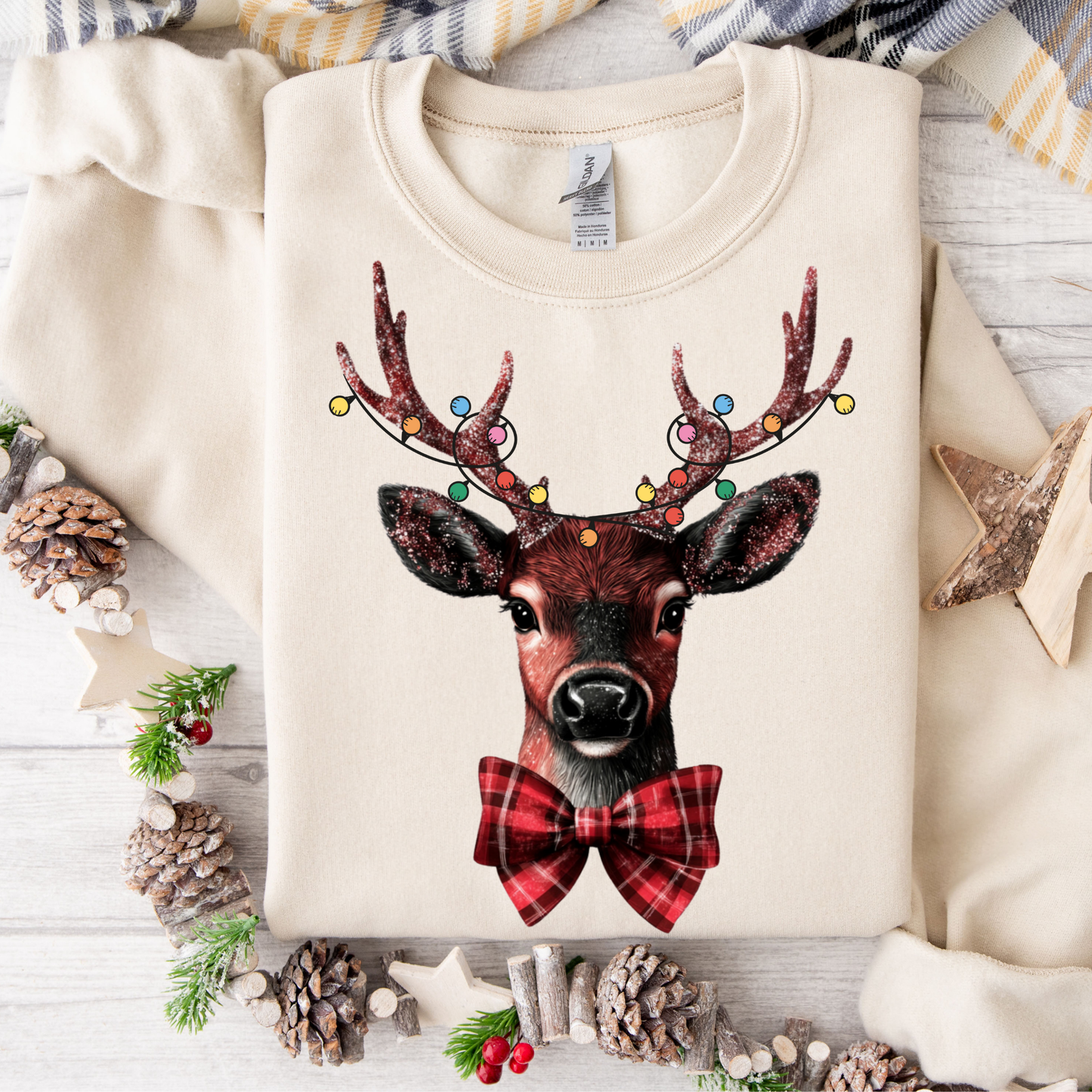 Christmas Deer with Lights and Bowtie Sweatshirt