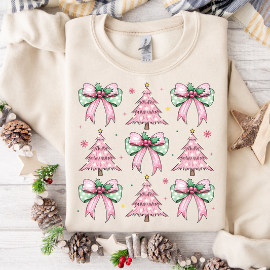 Pink Christmas Tree and Bows Coquette Sweatshirt