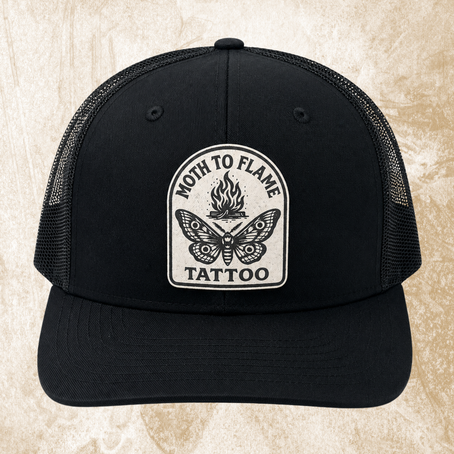 Moth To Flame Richardson 112 Snapback Hat Arch Logo - Engraved Leather Patch